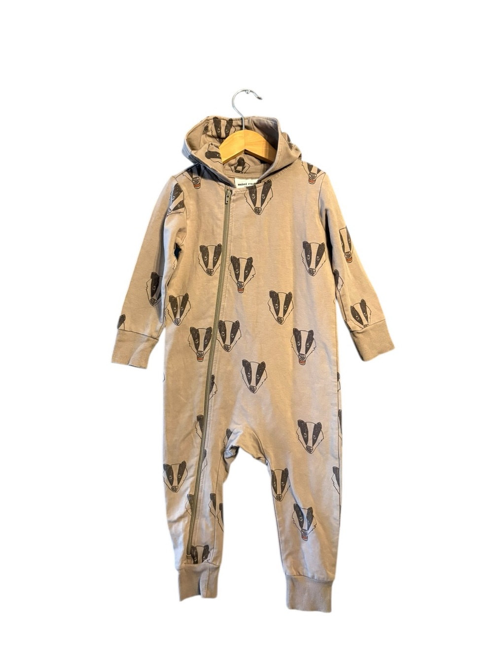 Mini Rodini Beige Badger Print Hooded Romper